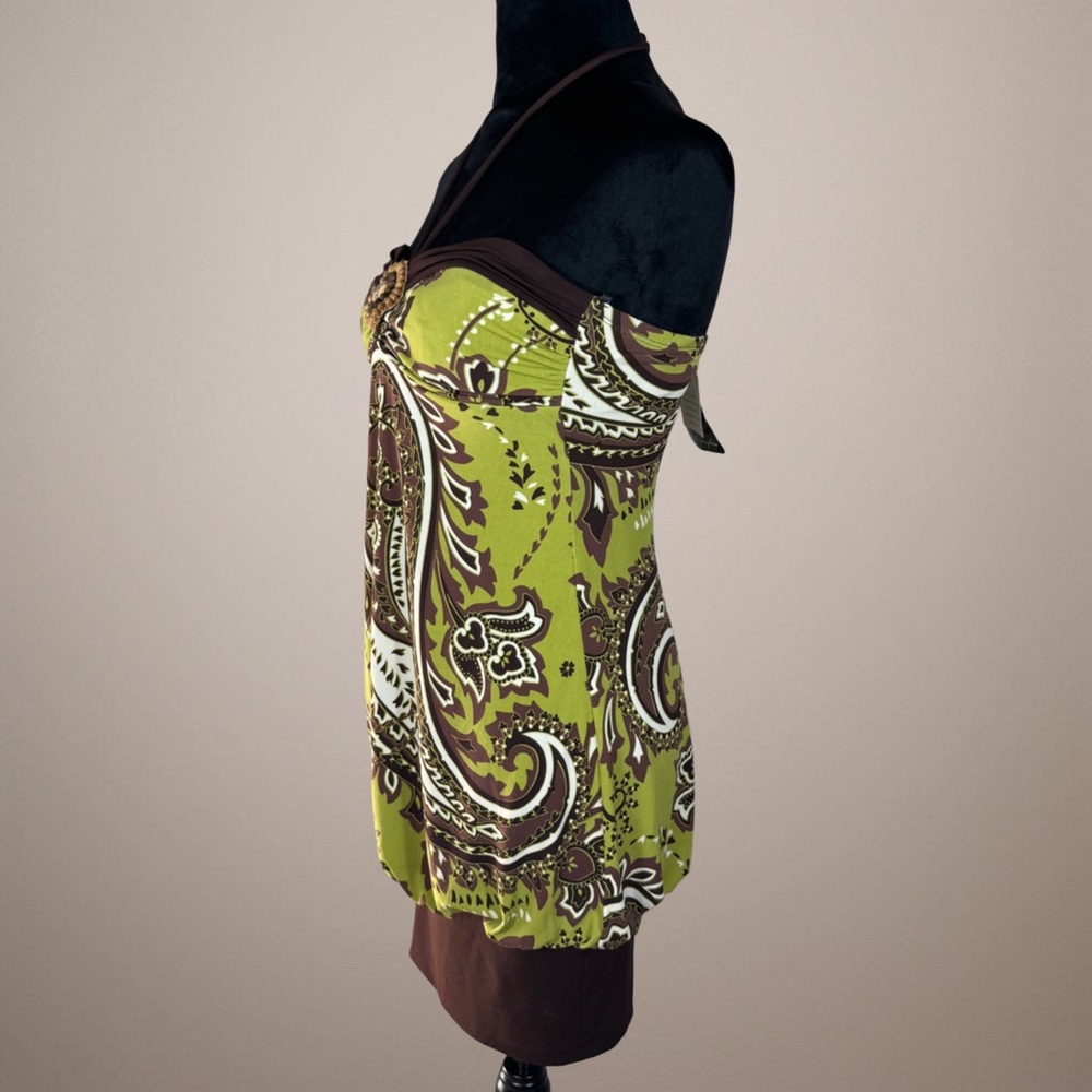 Vintage City Triangles Green Paisley Strapless Halter Tank with Brown Trim - Picture 3 of 13